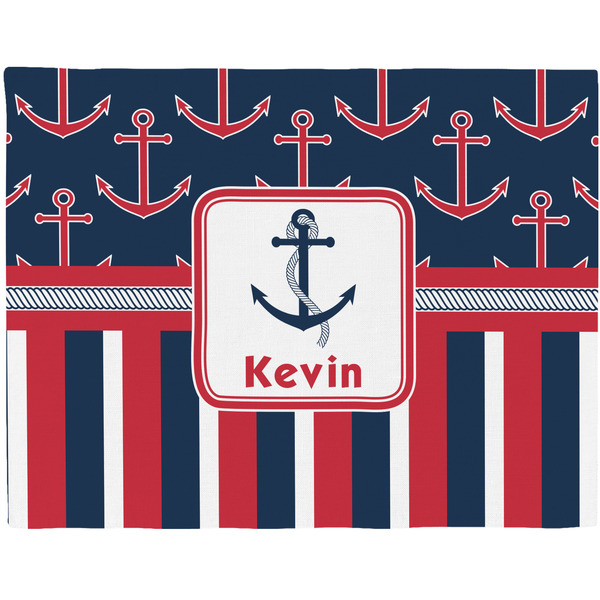 Custom Nautical Anchors & Stripes Woven Fabric Placemat - Twill w/ Name or Text