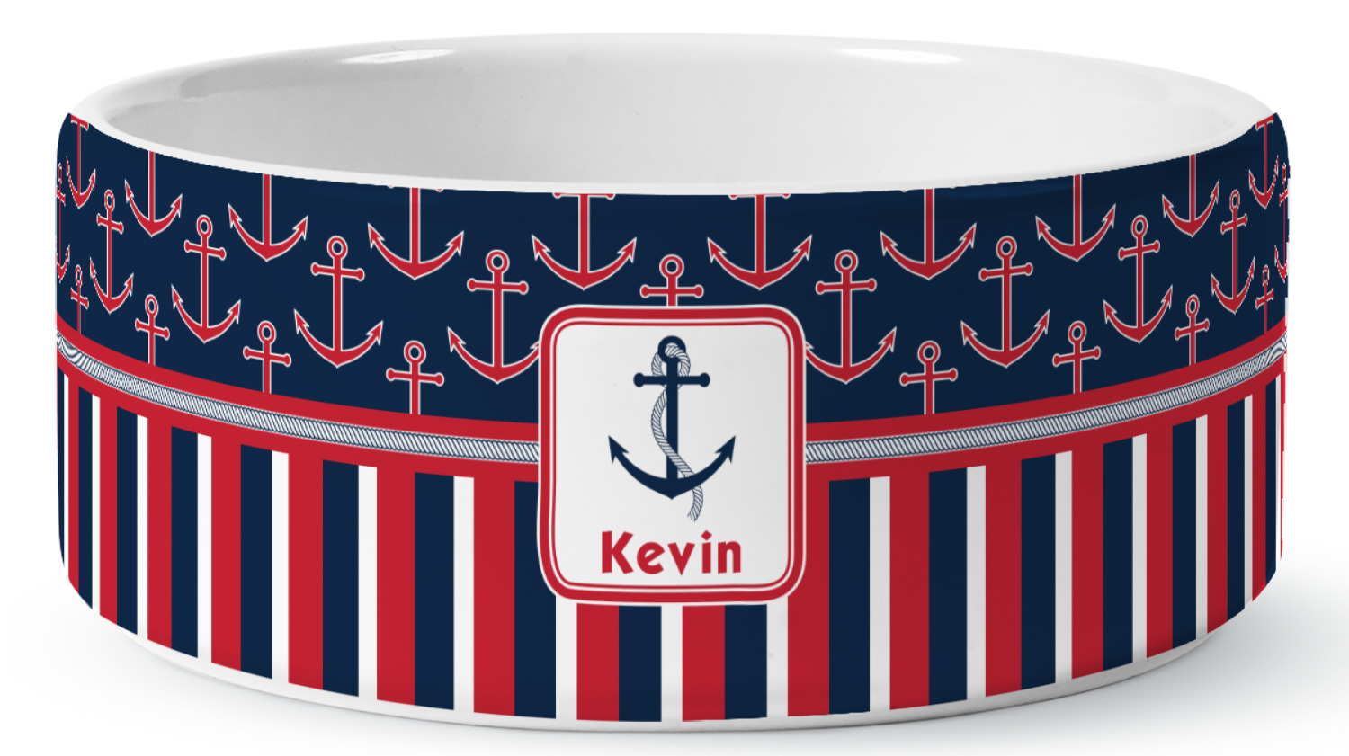 Nautical Anchors & Stripes Ceramic Dog Bowl Large (Personalized