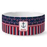 Nautical Anchors & Stripes Ceramic Dog Bowl - Large (Personalized)