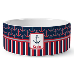 Nautical Anchors & Stripes Ceramic Dog Bowl - Large (Personalized)