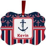 Nautical Anchors & Stripes Metal Frame Ornament - Double Sided w/ Name or Text
