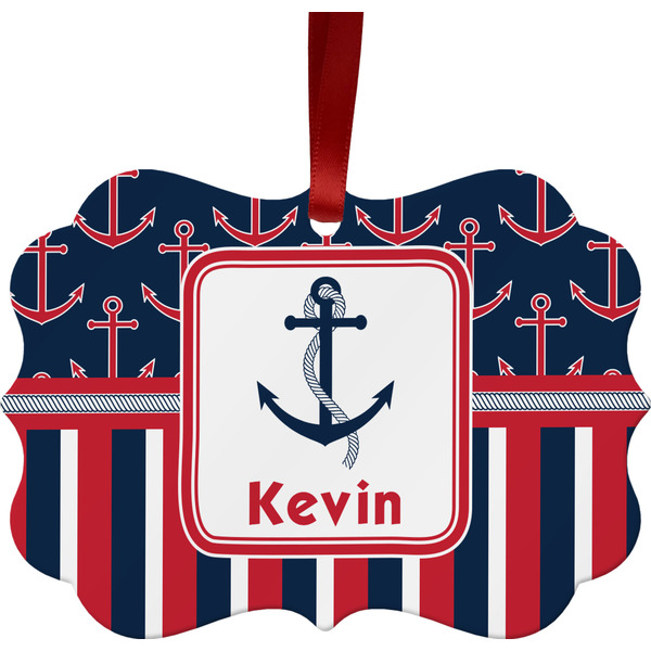Custom Nautical Anchors & Stripes Metal Frame Ornament - Double Sided w/ Name or Text