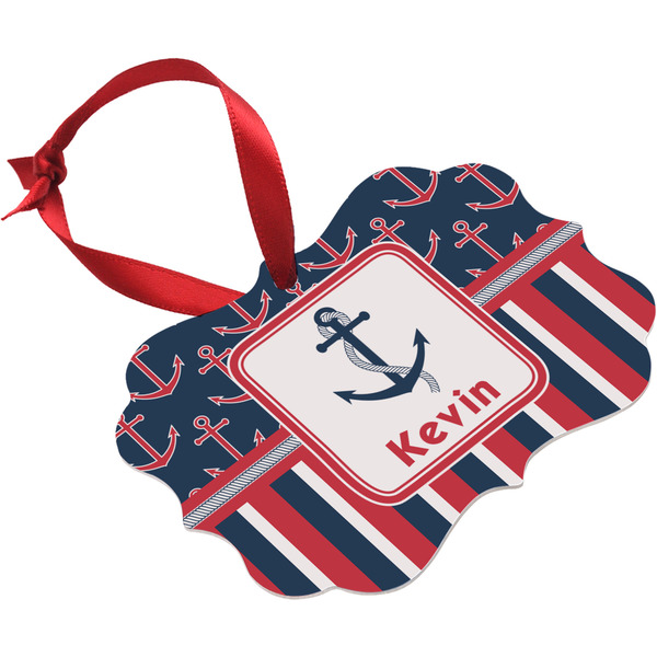 Nautical Anchors & Stripes Christmas Ornament (Angle View)