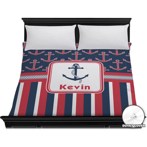 Custom Nautical Anchors & Stripes Duvet Cover - King (Personalized)