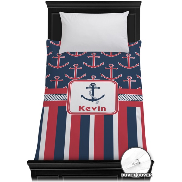 Custom Nautical Anchors & Stripes Duvet Cover - Twin (Personalized)