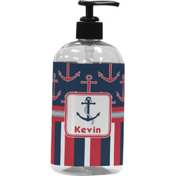 Nautical Anchors & Stripes Plastic Soap / Lotion Dispenser (16 oz - Large - Black) (Personalized)
