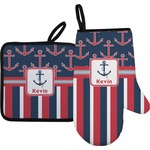 Nautical Anchors & Stripes Oven Mitt & Pot Holder Set w/ Name or Text