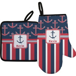 Nautical Anchors & Stripes Oven Mitt & Pot Holder Set w/ Name or Text