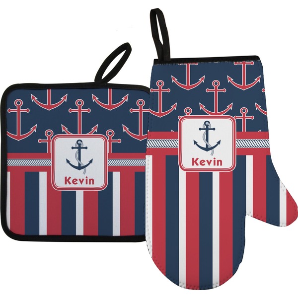 Custom Nautical Anchors & Stripes Oven Mitt & Pot Holder Set w/ Name or Text