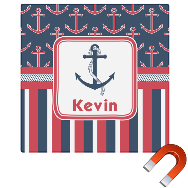 Custom Nautical Anchors & Stripes Square Car Magnet - 6" (Personalized)