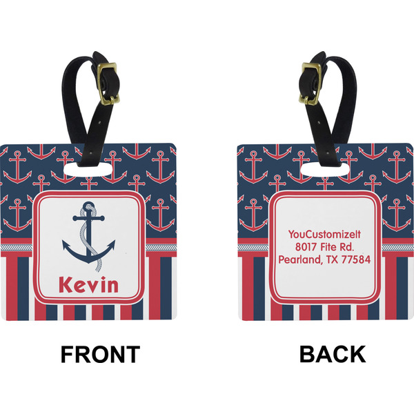 Nautical Anchors & Stripes Square Luggage Tag (Front + Back)