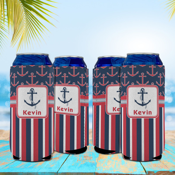 Nautical Anchors & Stripes 16oz Can Sleeve - Set of 4 - LIFESTYLE