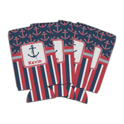 Nautical Anchors & Stripes Can Cooler (16 oz) - Set of 4 (Personalized)