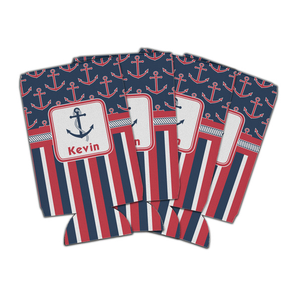 Custom Nautical Anchors & Stripes Can Cooler (16 oz) - Set of 4 (Personalized)
