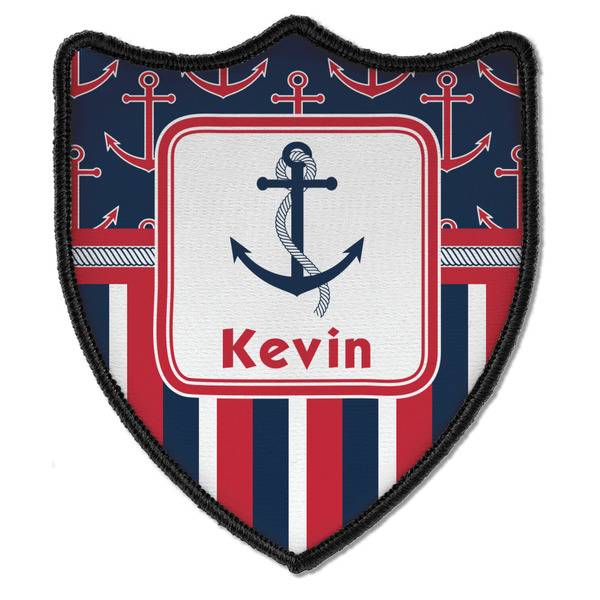 Custom Nautical Anchors & Stripes Iron On Shield Patch B w/ Name or Text