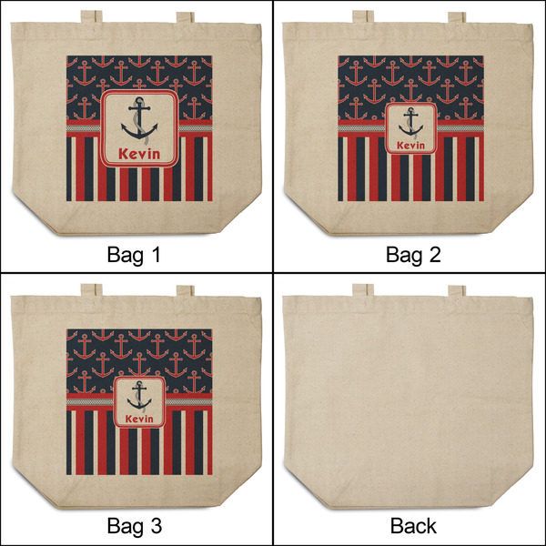 Nautical Anchors & Stripes 3 Reusable Cotton Grocery Bags - Front & Back View