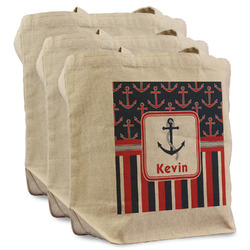 Nautical Anchors & Stripes Reusable Cotton Grocery Bags - Set of 3 (Personalized)