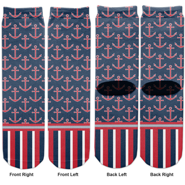 Nautical Anchors & Stripes Adult Crew Socks - Double Pair - Front and Back - Apvl