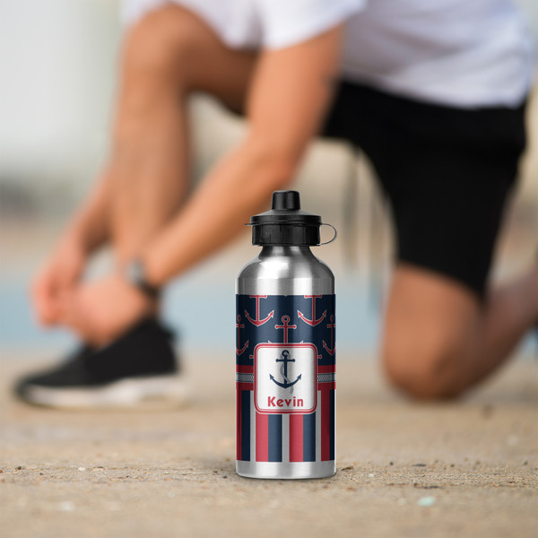 Nautical Anchors & Stripes Aluminum Water Bottle - Silver LIFESTYLE