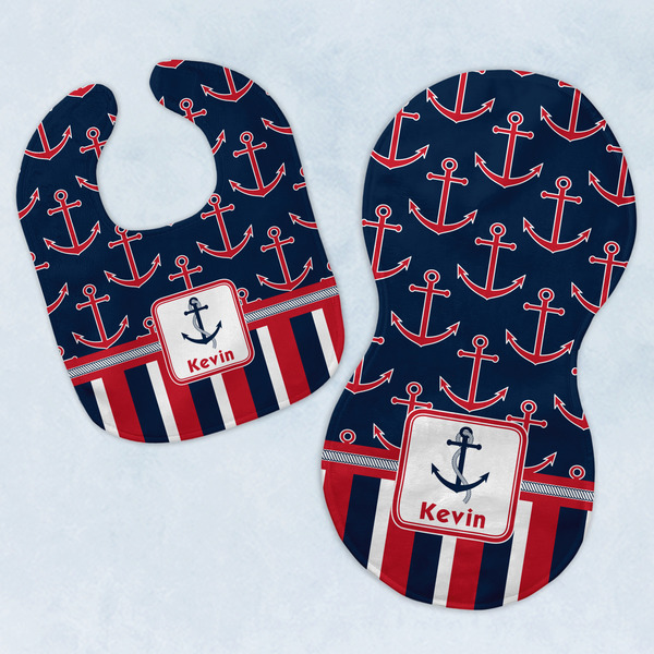 Custom Nautical Anchors & Stripes Baby Bib & Burp Set w/ Name or Text