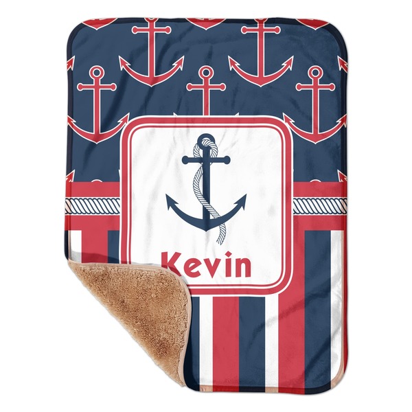 Custom Nautical Anchors & Stripes Sherpa Baby Blanket - 30" x 40" w/ Name or Text