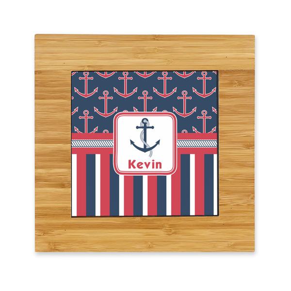 Custom Nautical Anchors & Stripes Bamboo Trivet with Ceramic Tile Insert (Personalized)