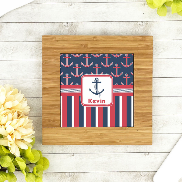 Nautical Anchors & Stripes Bamboo Trivet with 6" Tile - LIFESTYLE