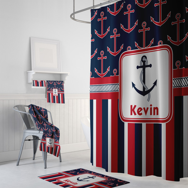 Nautical Anchors & Stripes Bath Towel Sets - 3-piece - In Context
