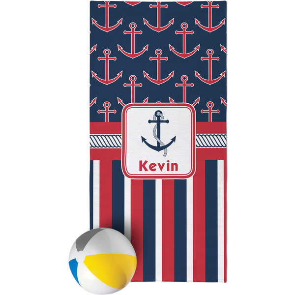 Custom Nautical Anchors & Stripes Beach Towel (Personalized)