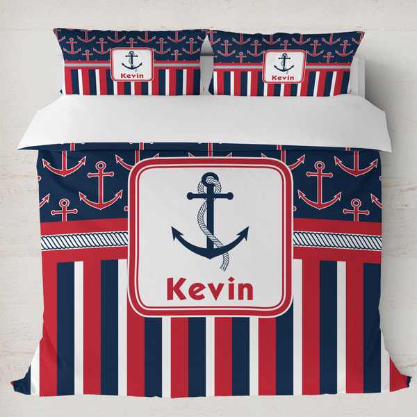 Custom Nautical Anchors & Stripes Duvet Cover Set - King (Personalized)