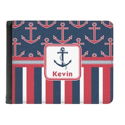 Nautical Anchors & Stripes Genuine Leather Men's Bi-fold Wallet (Personalized)