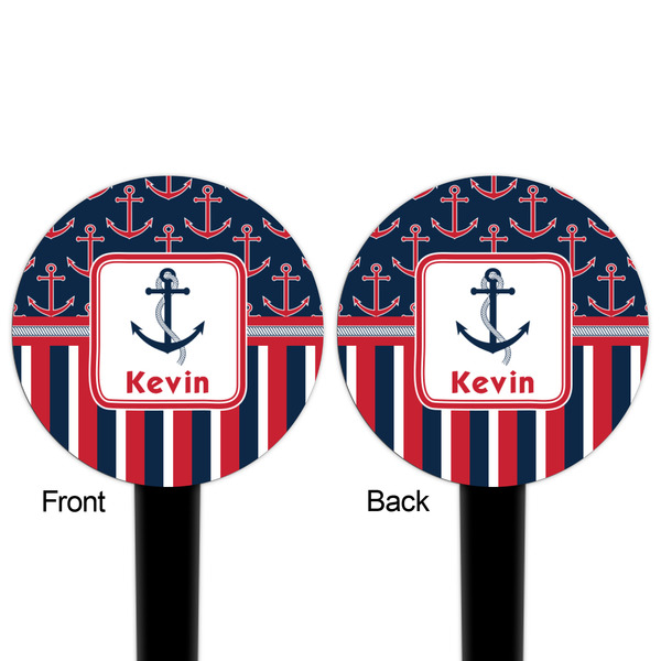 Nautical Anchors & Stripes Black Plastic 4" Food Pick - Round - Double Sided - Front & Back