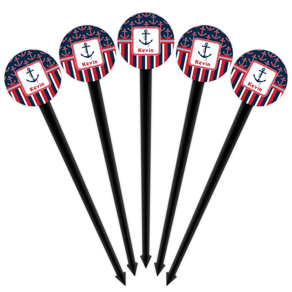 Nautical Anchors & Stripes Black Plastic 4" Food Pick - Round - Fan View
