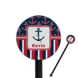 Nautical Anchors & Stripes 5.5" Round Plastic Stir Sticks - Black - Single Sided (Personalized)