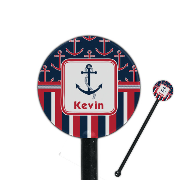 Custom Nautical Anchors & Stripes 5.5" Round Plastic Stir Sticks - Black - Single Sided (Personalized)