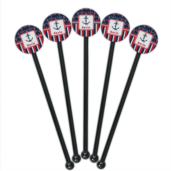 Nautical Anchors & Stripes Black Plastic 5.5" Stir Stick - Round - Fan View