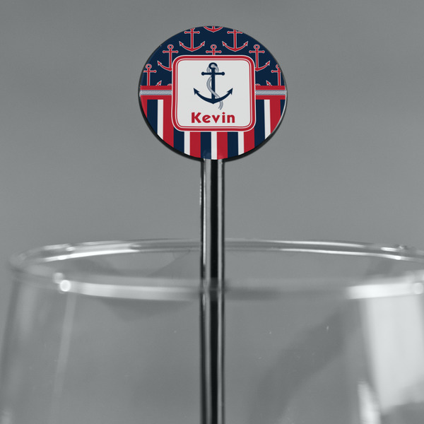Nautical Anchors & Stripes Black Plastic 5.5" Stir Stick - Round - Main