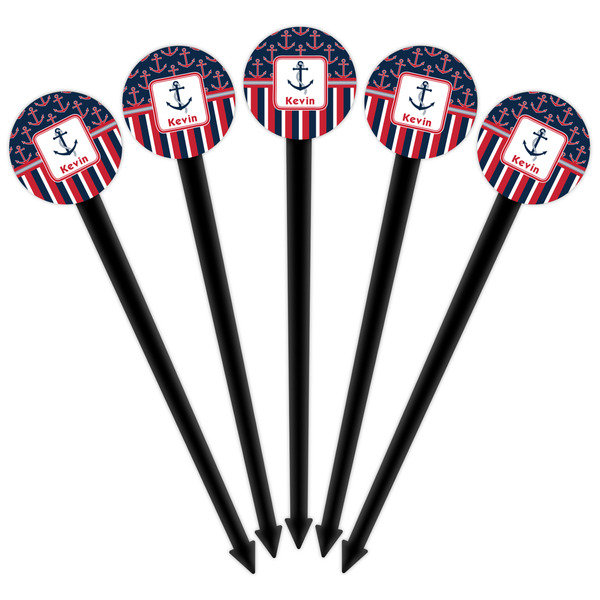 Nautical Anchors & Stripes Black Plastic 6" Food Pick - Round - Fan View