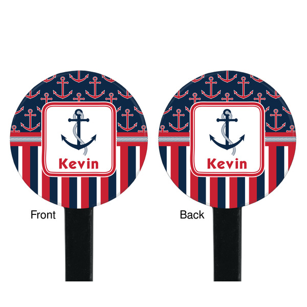 Nautical Anchors & Stripes Black Plastic 7" Stir Stick - Double Sided - Round - Front & Back