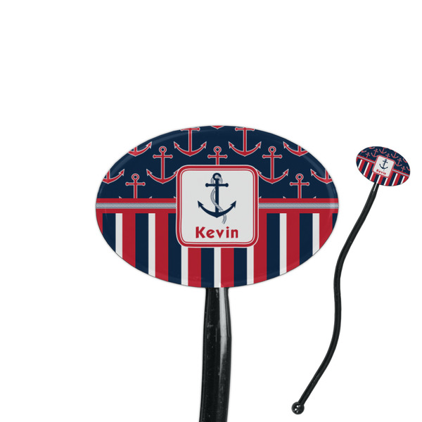 Custom Nautical Anchors & Stripes 7" Oval Plastic Stir Sticks - Black - Double Sided (Personalized)