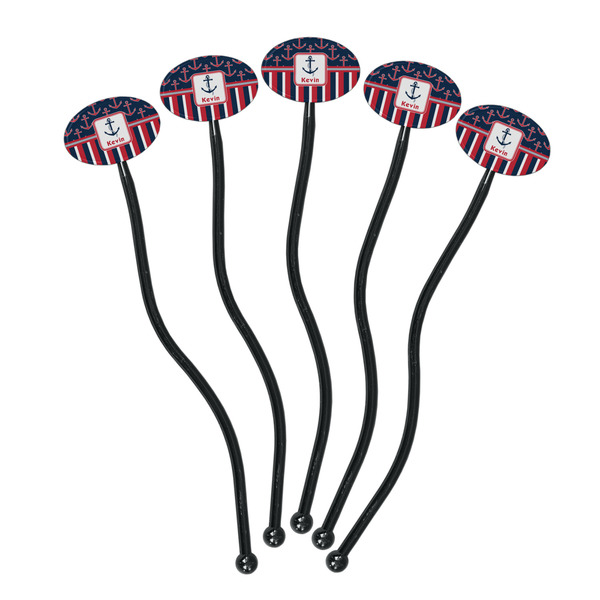 Nautical Anchors & Stripes Black Plastic 7" Stir Stick - Oval - Fan