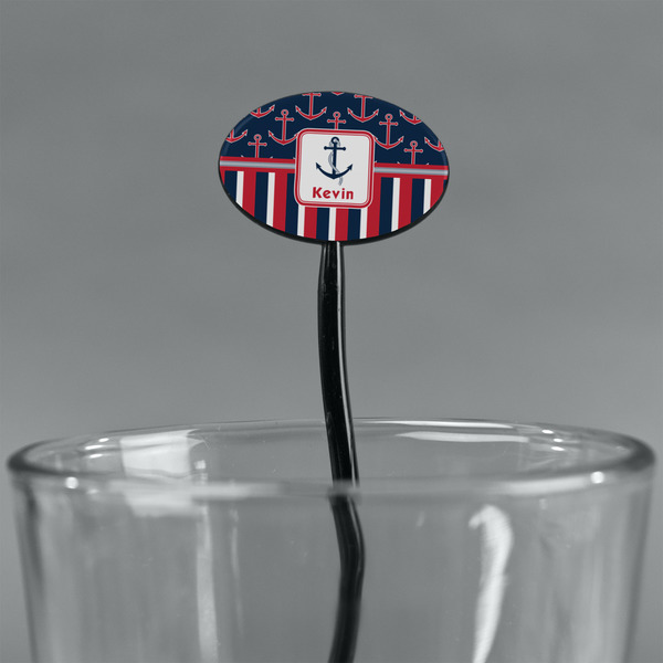 Nautical Anchors & Stripes Black Plastic 7" Stir Stick - Oval - Main