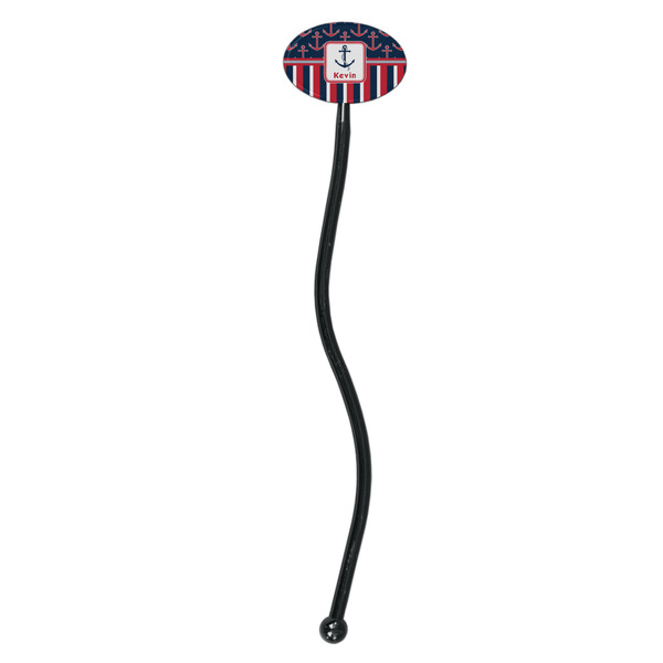 Nautical Anchors & Stripes Black Plastic 7" Stir Stick - Oval - Single Stick