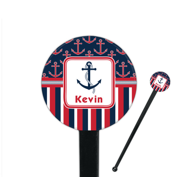 Custom Nautical Anchors & Stripes 7" Round Plastic Stir Sticks - Black - Single Sided (Personalized)