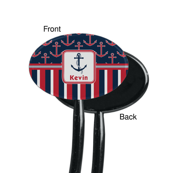 Nautical Anchors & Stripes Black Plastic 7" Stir Stick - Single Sided - Oval - Front & Back