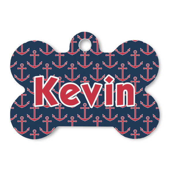 Custom Nautical Anchors & Stripes Bone Shaped Dog ID Tag - Large (Personalized)