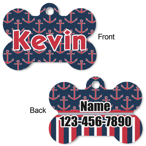 Nautical Anchors & Stripes Bone Shaped Dog Tag - Front & Back
