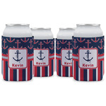 Nautical Anchors & Stripes Can Cooler (12 oz) - Set of 4 w/ Name or Text