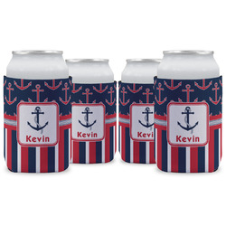 Nautical Anchors & Stripes Can Cooler (12 oz) - Set of 4 w/ Name or Text
