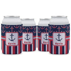 Nautical Anchors & Stripes Can Cooler (12 oz) - Set of 4 w/ Name or Text